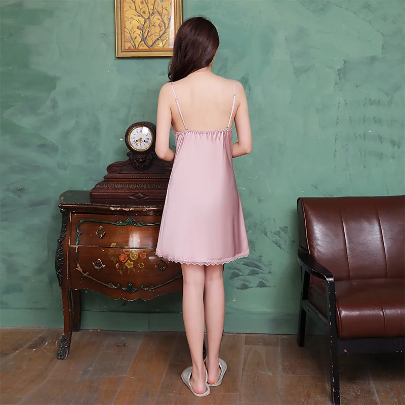 2021 New Nightgown Women's Summer Ice Silk Sling Sexy Nightdress with Bra Embroidered Lace Alluring Home Clothes Nightwear