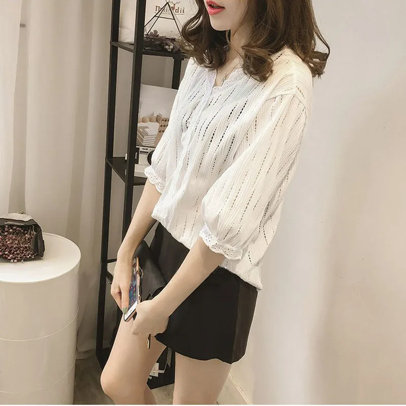 Хлопковая рубашка с коротким рукавом лето 2019 женские блузки топы одноцветные