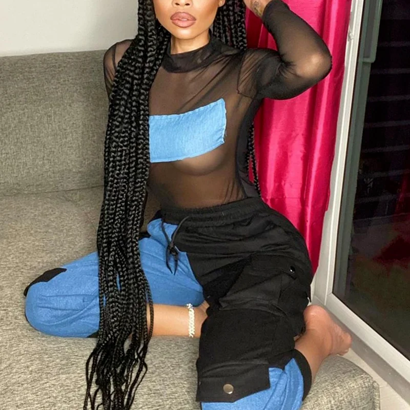 

New Womens Long Sleeve Sexy Mesh Body Top Denim Splicing Punk Club Streetwear Bodysuit Perspective Long Sleeve Club Jumpsuit y2k