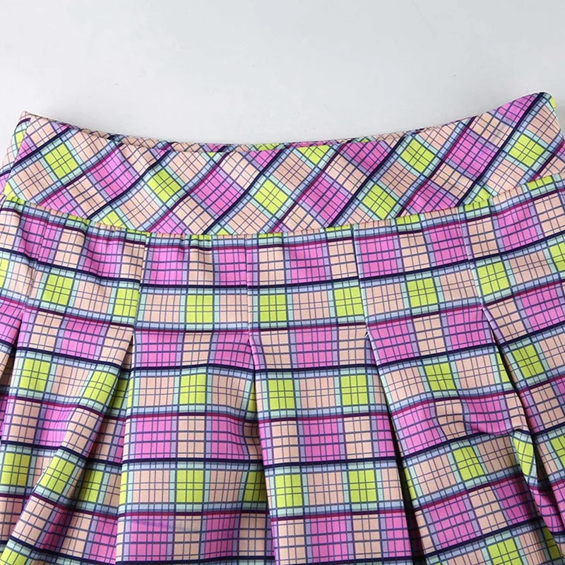 

Women's Fresh and Sweet Plaid Stitching A-Line Bust Pleated Skirt High Waist Short Skirt Purple