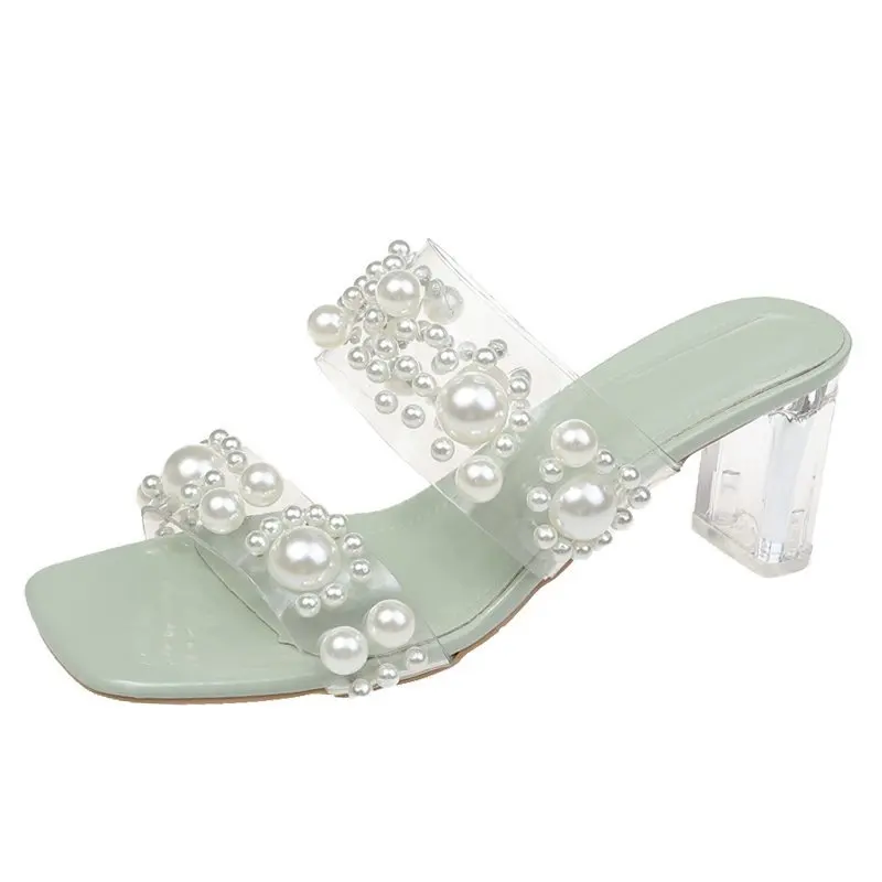 

Rubber Flip Flops Fretwork Heels String Bead House Slippers Platform Square heel Shoes Heeled Mules Luxury Slides Slipers Women