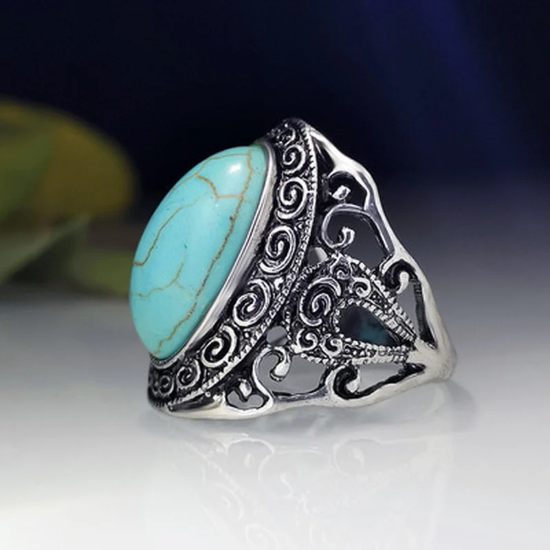 

NEW Bohemian Oval Natural Stone Rings for Women Men Vintage Retro Large Blue Beads Turquoises Party Gothic Jewelry