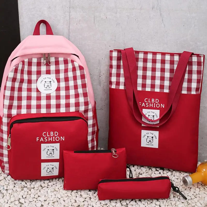 

4pcs Women Canvas Plaid Backpack Student School Bag Large Capacity Travel Daypack Set for Teenagers Girls