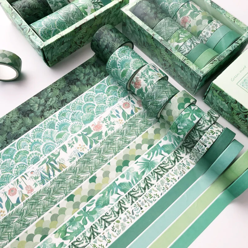 

12 Rolls Washi Tape Set Green Shade Themed Masking Tape Sticky Paper Tapes For Diy Decorative Craft Journal Gift Wrapping