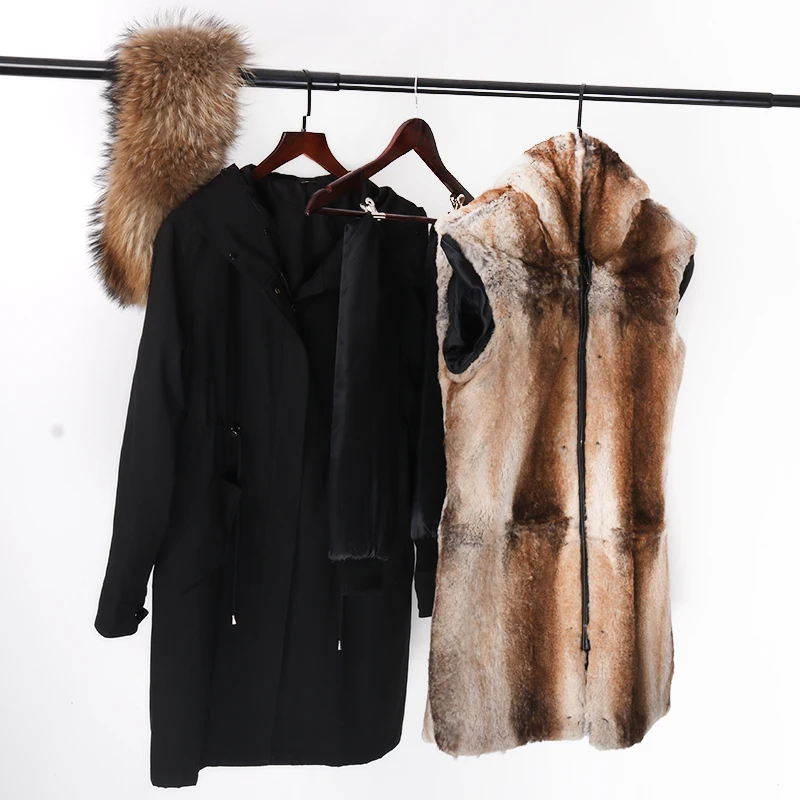Men Parka Winter Jacket Long Real Rabbit Fur Coat Man Parkas Natural Raccoon Fur Hood Real Rabbit Fur Liner Streetwear
