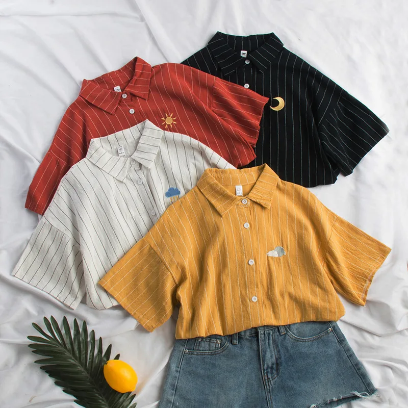 

New Cotton Linen Summer Spring Blouse Women Kawaii Weather Embroidery Ladies Sweet Striped Tops Shirt Korean Loose Blusas Mujer