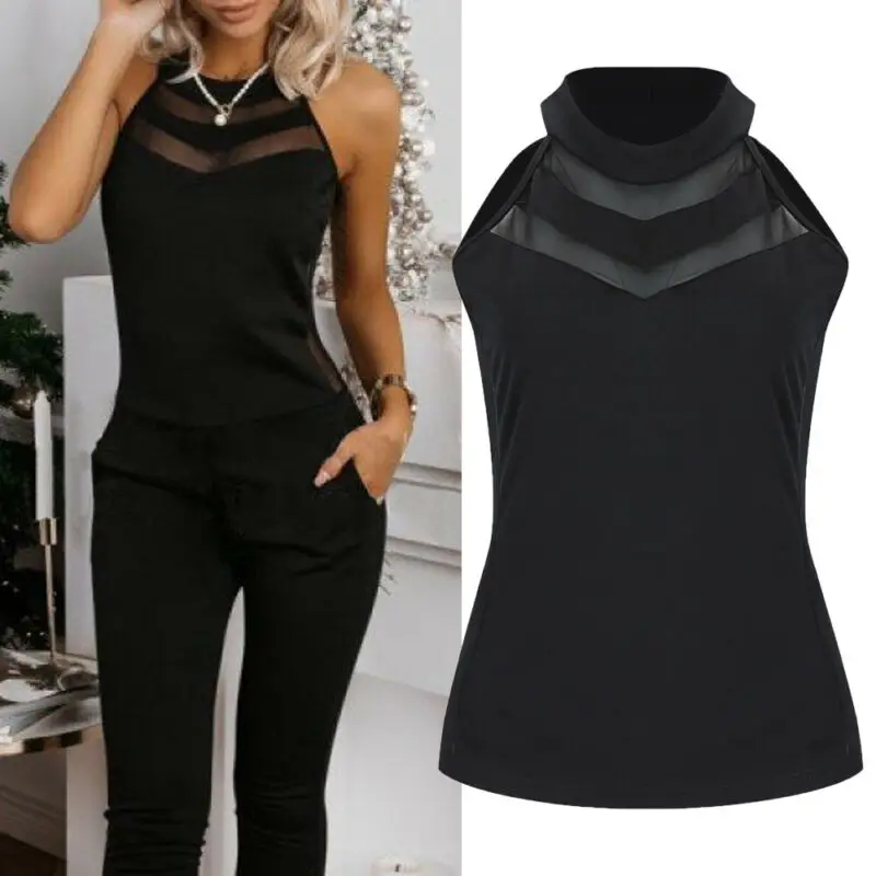 Винтажный Женский Прозрачный сетчатый жилет без рукавов с лямкой на шее топы