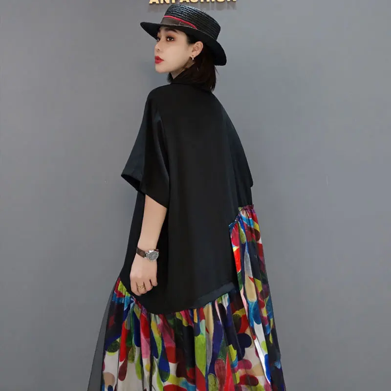 

XITAO Asymmetrical Print Splicing Dress Mesh Patchwork Casual Fashion Women Turn-down Collar Loose Summer Shirt Dress WLD6351