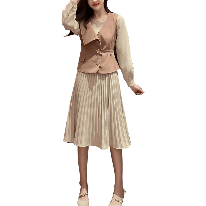 

Real shot autumn and spring new waist slimming temperament mid-length vest two-piece pleated dress