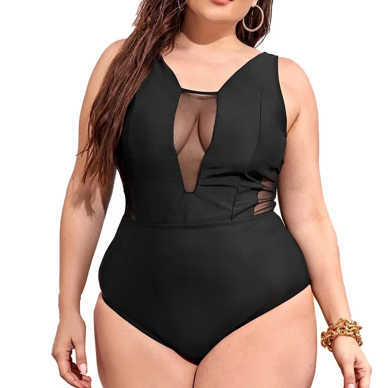 

2021 Mesh Black Swimsuit One Piece Large Size Swimwear Women One-piece Suits Beachwear Summer V-neck Bathing Suit Female 4XL