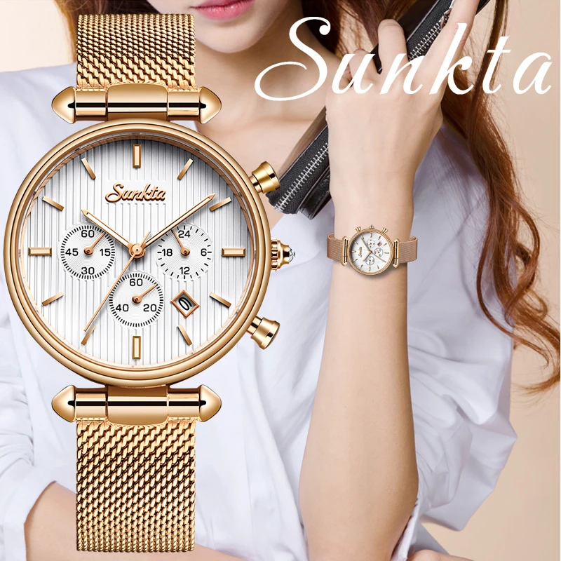 2021 NEW SUNKTA Hot Luxury Watch Women Waterproof Rose Gold Steel Strap Ladies Wrist Watches Brand Date Clock Relogio Feminino | Наручные