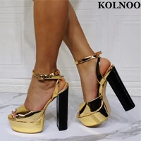 kolnoo new style handamde ladies chunky heeled sandals gold faux leather peep toe party prom shoes evening fashion daily shoes