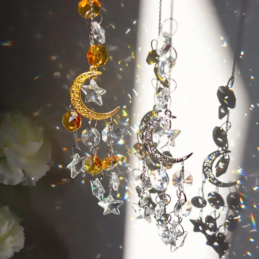 

Hanging Crystal Suncatcher Prism Style Wind Chime With Moon Garden Pendant Outdoor Star Windspiel Rainbow Maker Clear Decor K1E2