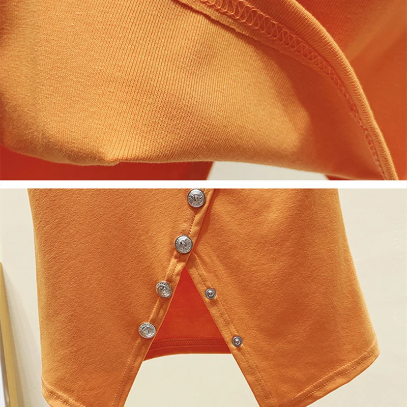 

XL Cotton T-shirt Buttons Irregular Tee O-Neck Short Sleeve Korean Tshirt 2021 Summer Casual Crop Top Women Loose Solid Blouses