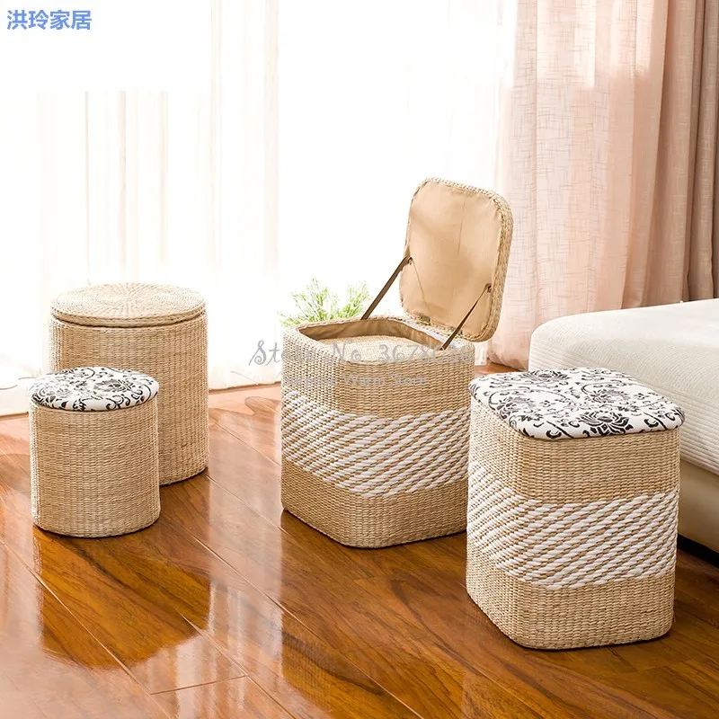 

High Quality Handmade Straw Solid Wood Shoe Changing Stool with Storage Box Rattan Storage Stool Dual-use Foot Stool Sofa Stools