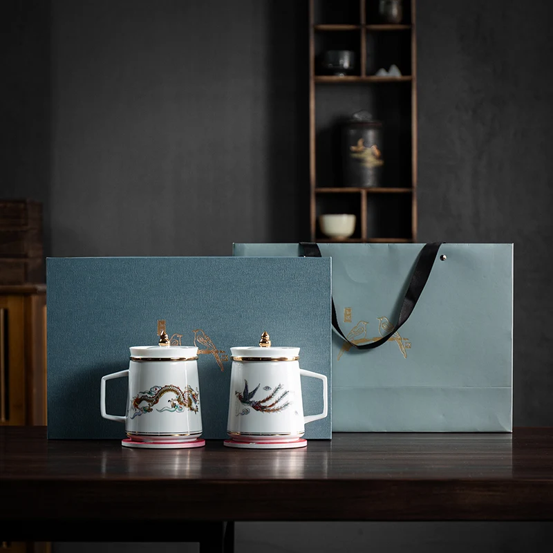 

Dragon and phoenix cup creative lovers cup ceramic office cup with tea leakage cup tea separation cup gift box