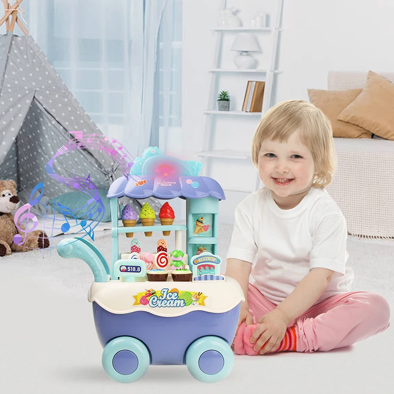 

Kids Ice Cream Candy Shop Trolley Toys with Flash Light and Music Pretend Play House Educational Toy Birthday Gift for Children