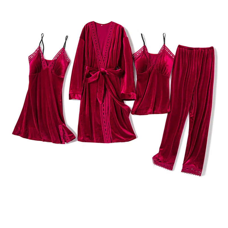 Женские пижамы зимние теплые утолщенные пижамы 4 шт золотые бархатные пижамы набор свободные большие размеры с длинным рукавом Женская домашняя одежда