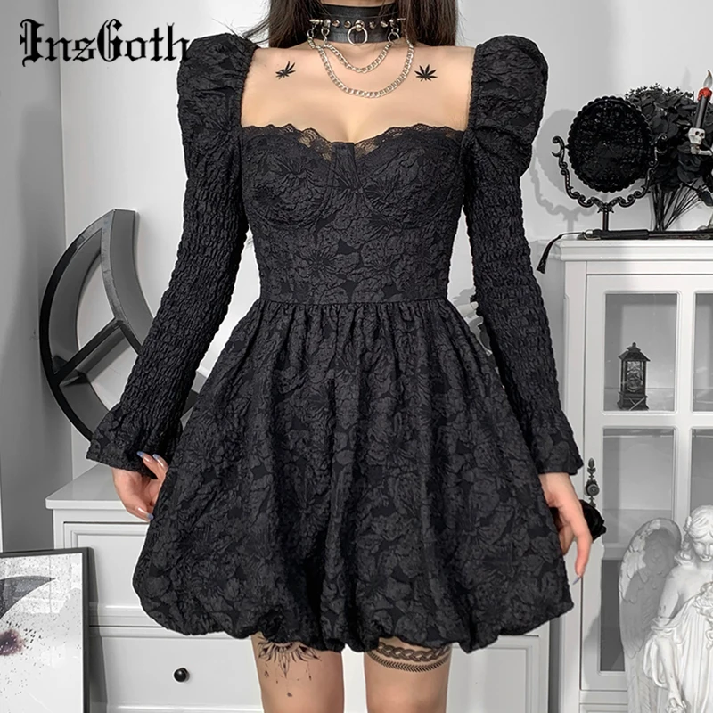 

InsGoth Vintage Sexy Black Dress Goth Puff Flare Sleeve High Waist Mini Dress Aesthetic Elegant Floral Lace Backless Party Dress