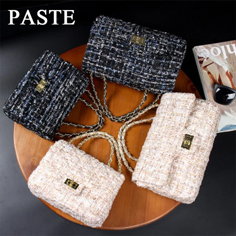 Клетчатая фетровая женская сумка с перекрестными цепочками небольшой