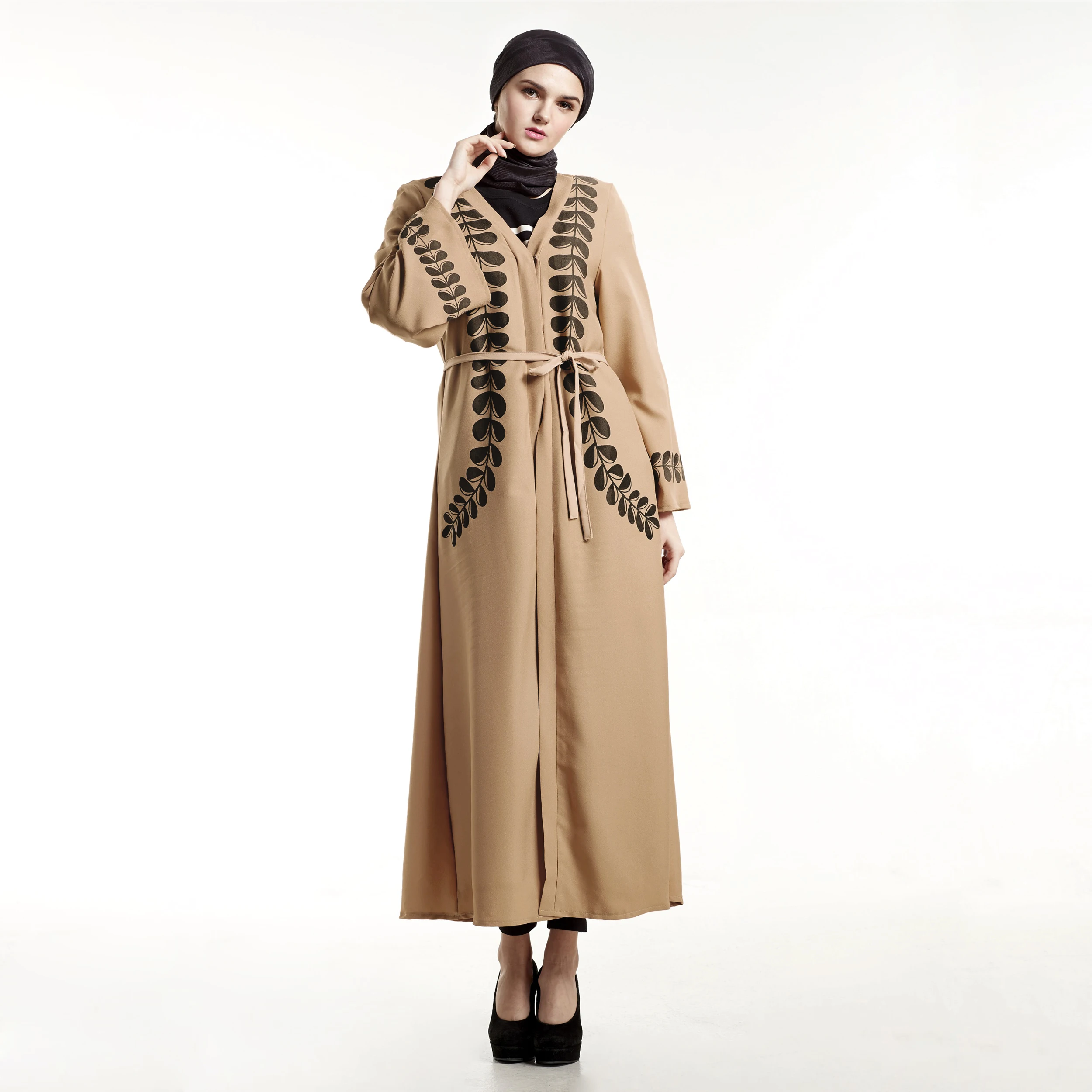 Мусульманское женское платье кардиган листва печати пояс для одежды без Косынка