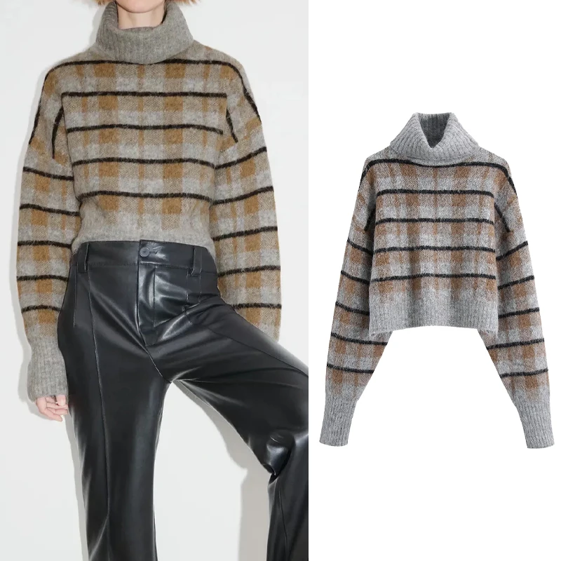 

Женский вязаный свитер Za, теплый пуловер в полоску с воротником-стойкой и длинным рукавом, повседневный уличный джемпер, Осень-зима 2021