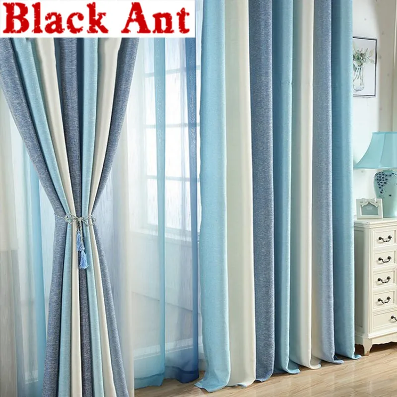 Синие занавески для гостиной однотонные полосатые окна спальни прозрачная ткань