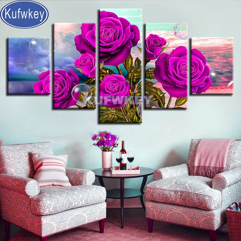 

Purple Rose Flower 5D Round Diamond Embroidery Cross Stitch Diamond Painting 5 Piece Mosaic Picture Of Rhinestones Multi-Panel,