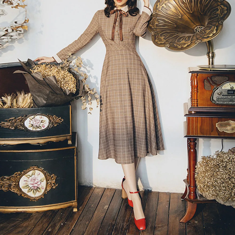 Осенне зимнее женское Ретро темпераментное клетчатое платье с длинным рукавом