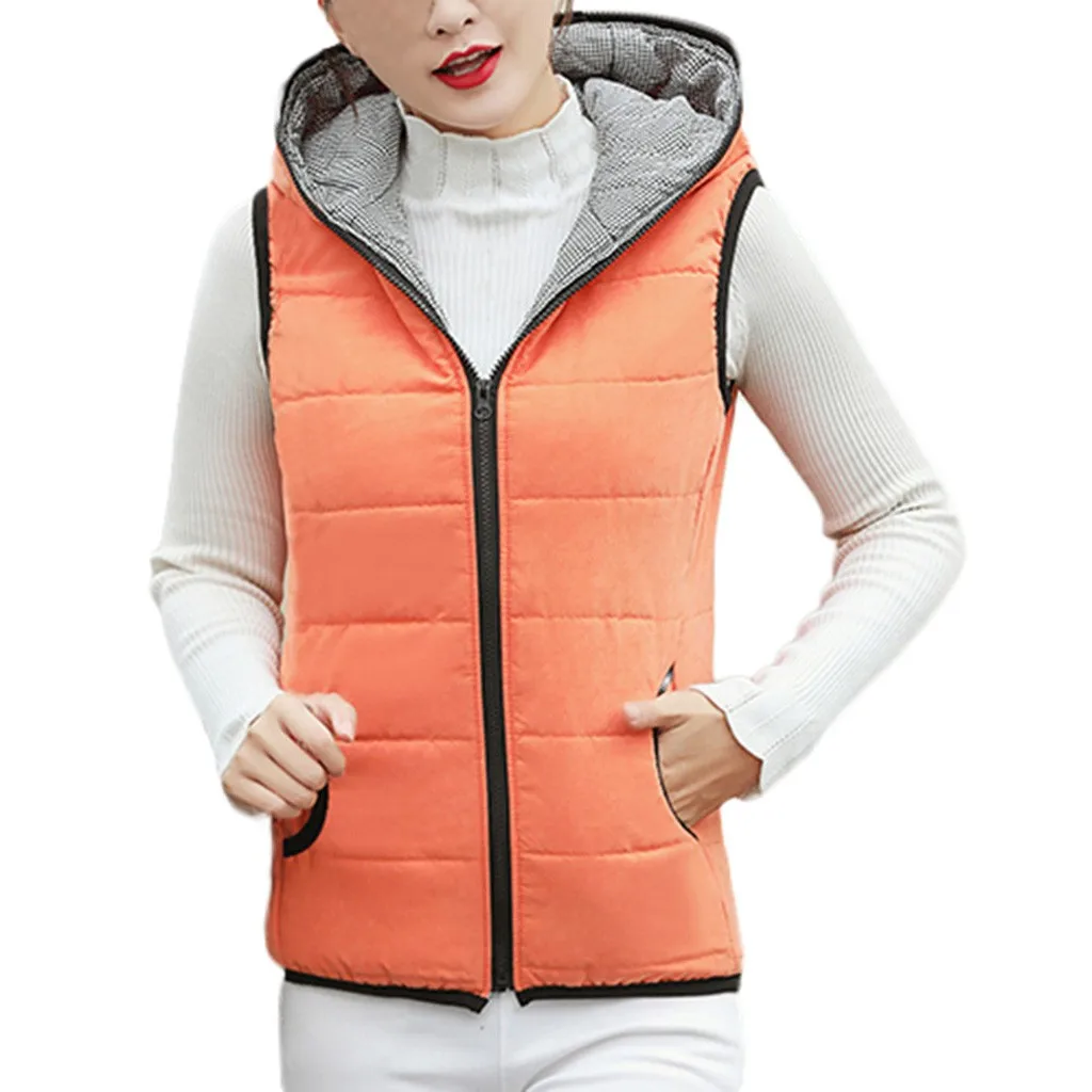 Женский однотонный жилет с капюшоном короткая куртка хлопковой подкладкой