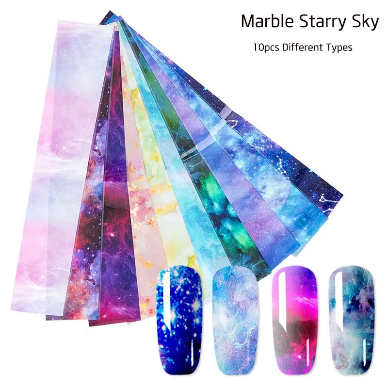 Marble Starry Sky 10 шт смешанные цветы наклейки для дизайна ногтей s голографическая звездное небо клейкая оберточная бумага переводная наклейка DIY стикер для ногтей - Цвет: Marble Starry Sky