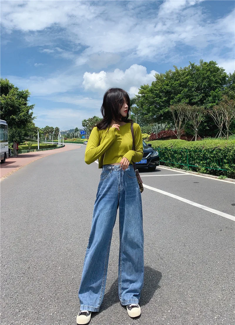 Женские джинсовые брюки с высокой талией повседневные синие прямые длинные в