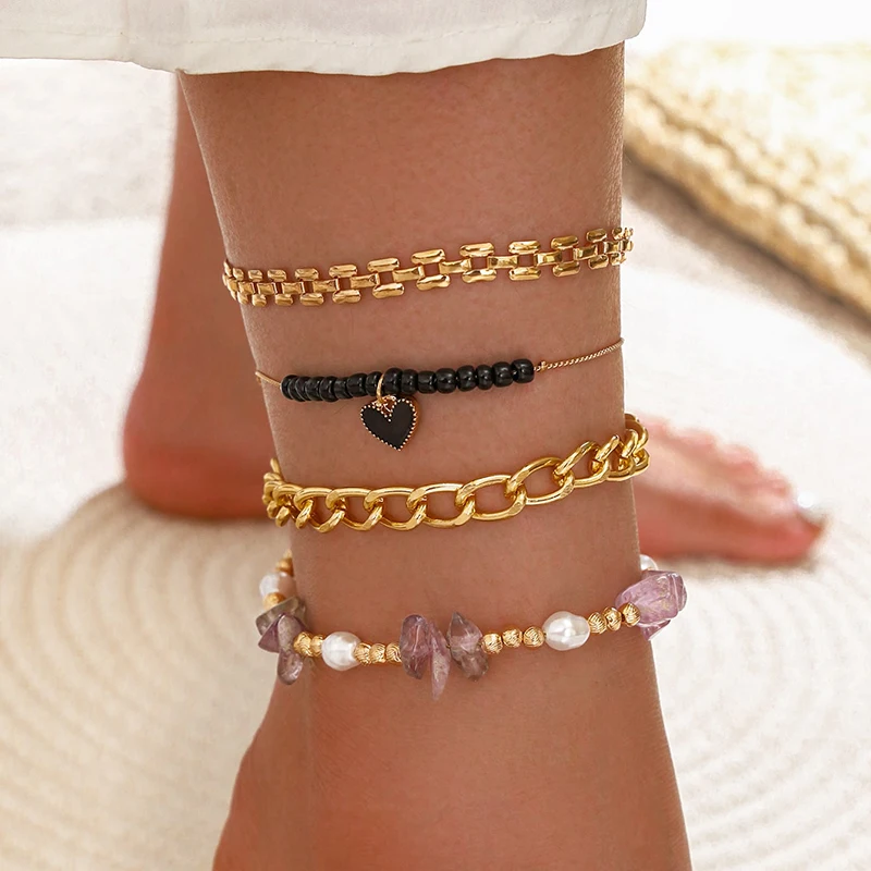 

Aprilwell 4 PCs Anklets Bracelets Sets Summer Sandals Jewelry For Women 2021 Body Pearl Accessories Barefoot Beach Lady Trendy