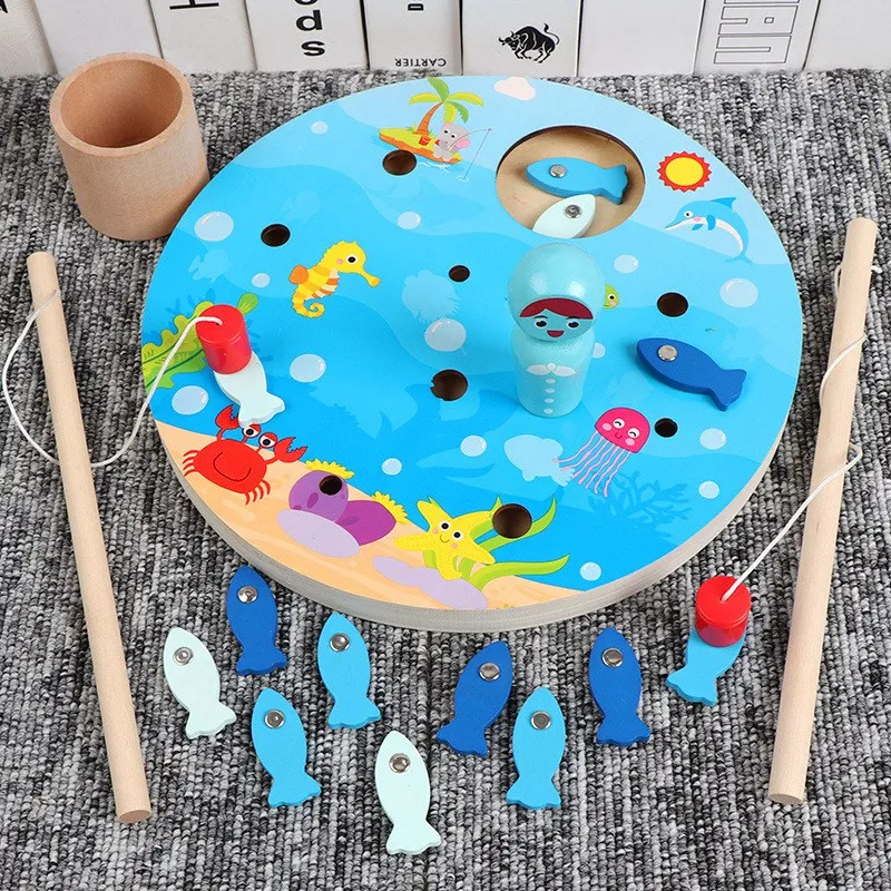 

Children's Wooden Magnetic Fishing Toy Kitten Fishing Game Wood Fishing Educational Toys for Kids Gift