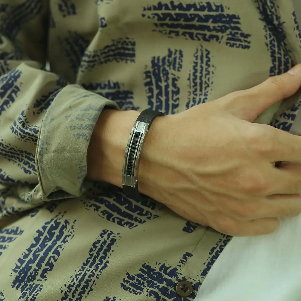 

Original Design Men Leather Bracelet Charms Stainless Steel Wrist Band Bracelet With Black Grooved Rubber Bracelets Male Jewelry