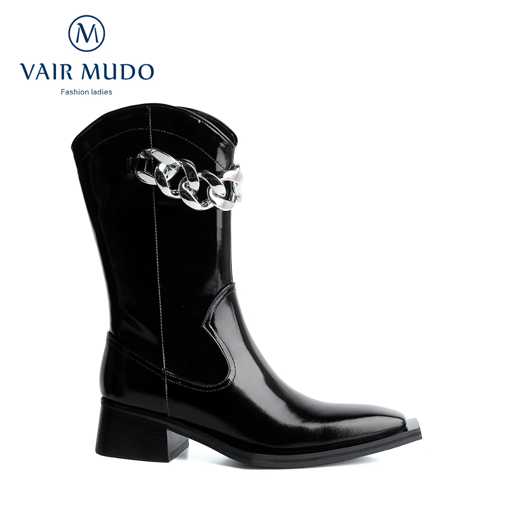 

VAIR MUDO Motorcycle Boots Shoes High Heels Concise Metal Decoration White Black Square Toe High Quality Fashion Boots DX111L