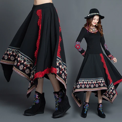 Осенне зимняя свободная Асимметричная юбка Макси до щиколотки с вышивкой