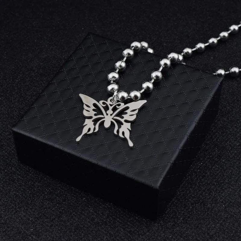 

Punk Rock Sweet Butterfly Stainless Steel Pendant Necklace Streetwear Ball Chain Polishing Chain Fashion Necklace Unisex