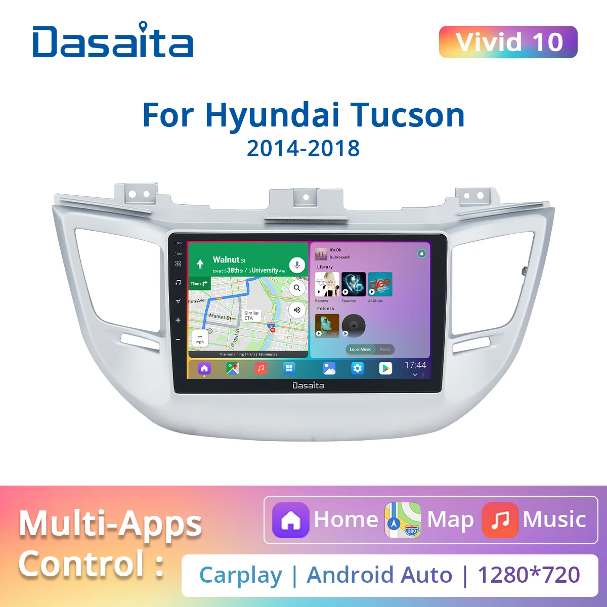 

Автомобильный радиоприемник Dasaita Vivid для Hyundai Tucson 2014-2018 1 Din Android 10,0 Carplay Auto 1280*720 мультимедийный Головной блок 4G 64G BT 5,0