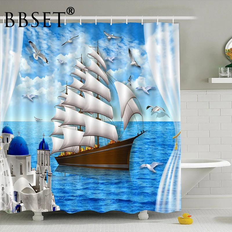 

Navigation Shower Curtain Sailboat Sailing on Blue Sea Pattern Waterproof Multi-size Douchegordijn Bathroom Decor Witn 12 Hooks