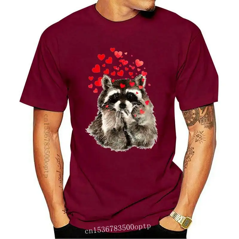 

Design Cute Watercolor Raccoon Blowing Kisses Hearts Print T-Shirt Summer Fashion Men t-shirt Man Funny Tops Boy White Casual T