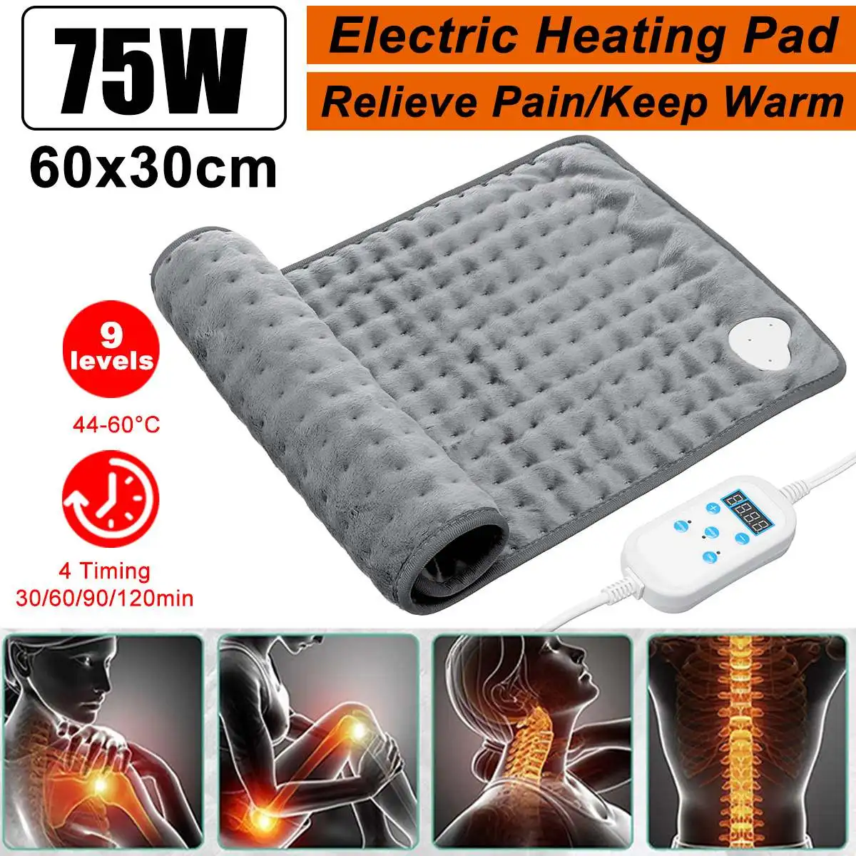 

75W Electric Warmer Heating Pad Timer for Shoulder Neck Back Spine Leg Pain Relief Winter Warmer Wrap Temp Heater Pad 60x30cm