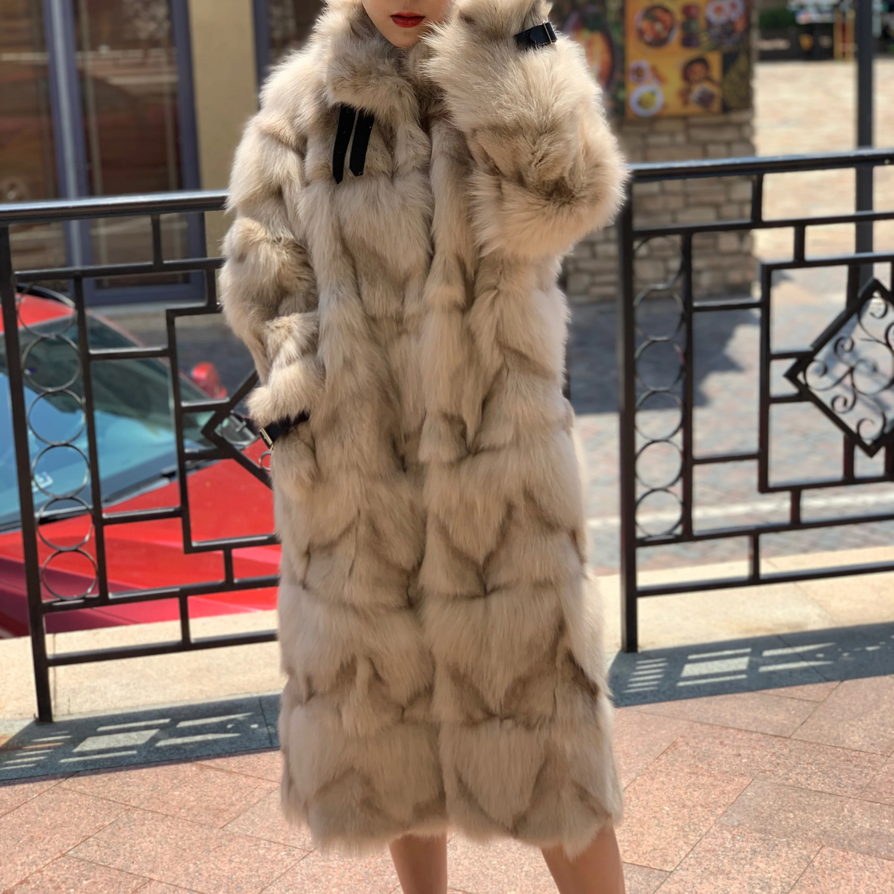 

110cm Long patchwork fox fur coat turn down collar long fur coat outwear Plus size Leather Belt