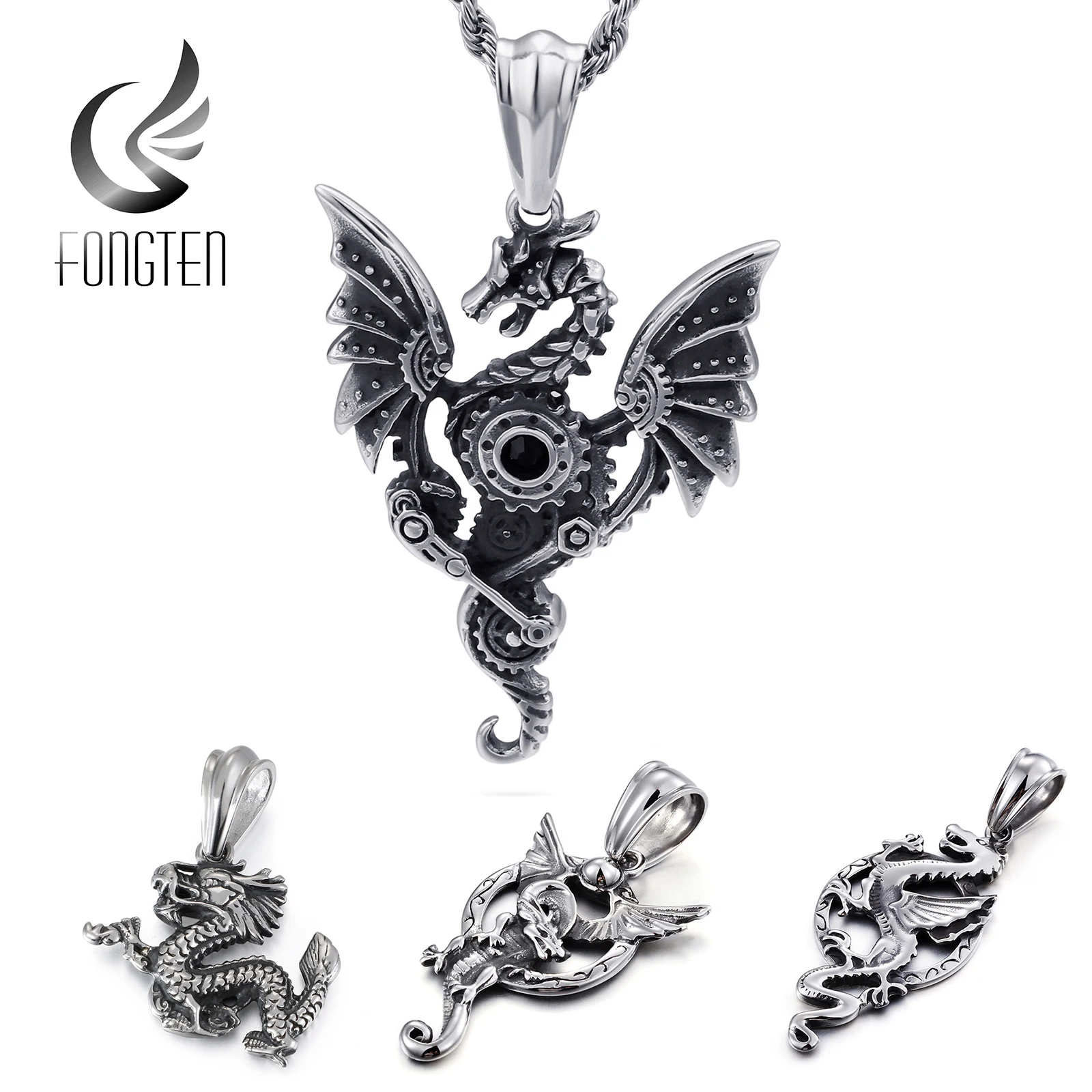 Fongten Ретро зодиак кулон с драконом ожерелье большие крылья зубчатое колесо