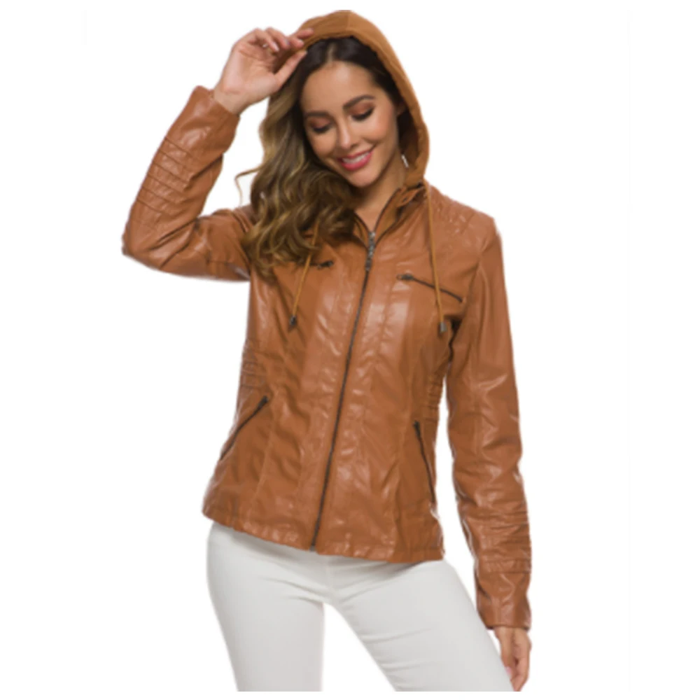 

European American Style Spring Autumn Short Leather Jacket Hooded Lady Brown Zipper Motorcycle Jackets