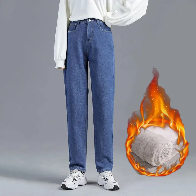 

Повседневные свободные зимние хлопковые джинсовые брюки, женская уличная одежда больших размеров, прямые джинсы с флисовой подкладкой, уте...