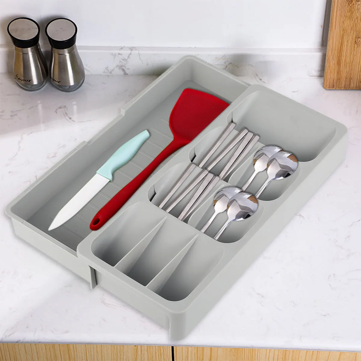 

Practical Kitchen Cutlery Storage Tray Spoon Knife Fork Silverware Tableware Organizer PP Container Drawer Separation Storage