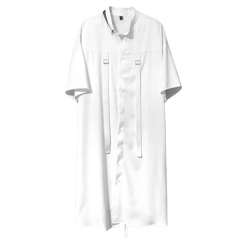 

IEFB Runway Streetwear Fashion Summer New Long Shirt Men's Fashion Half Sleeve Lapel Ribbon Design Loose Oversize Tops 9Y6638