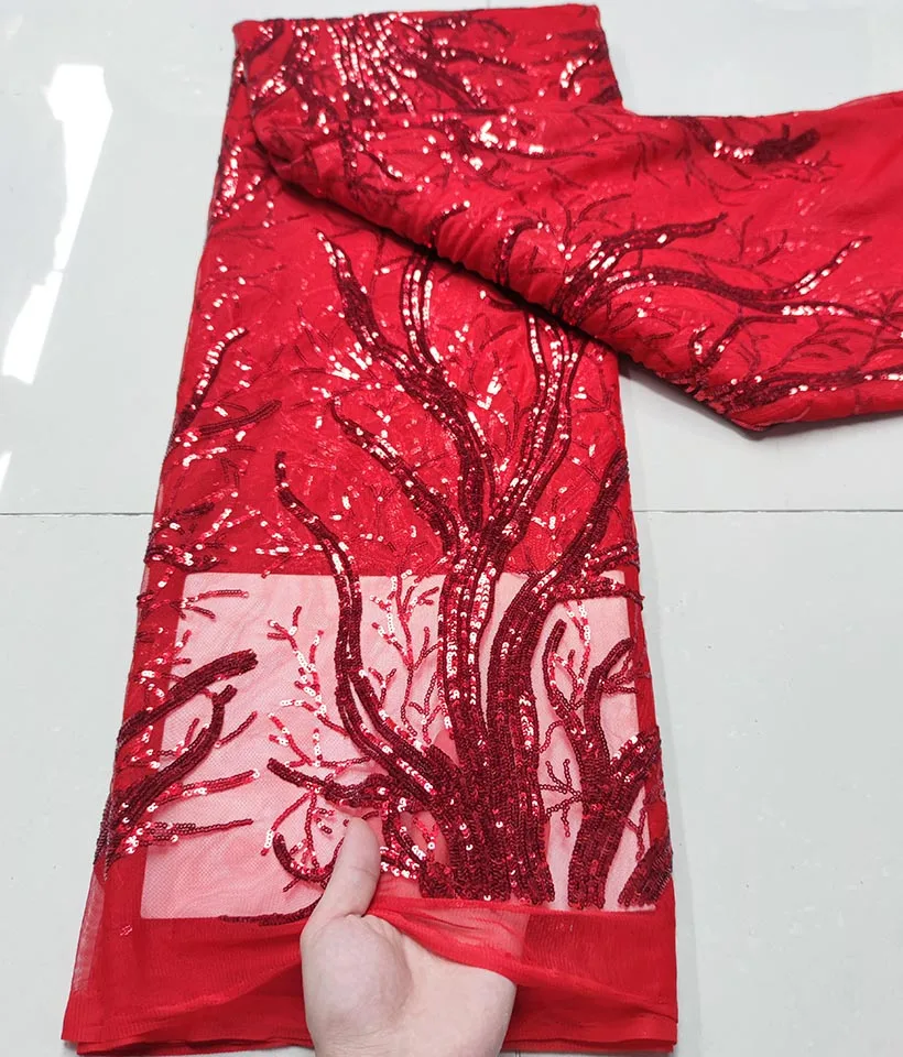 

2022 High Quality Nigeria Lace Fabric Embroidery French Sequins Tulle African Lace Fabric Weaving Design Red Sequins Lace Fabric
