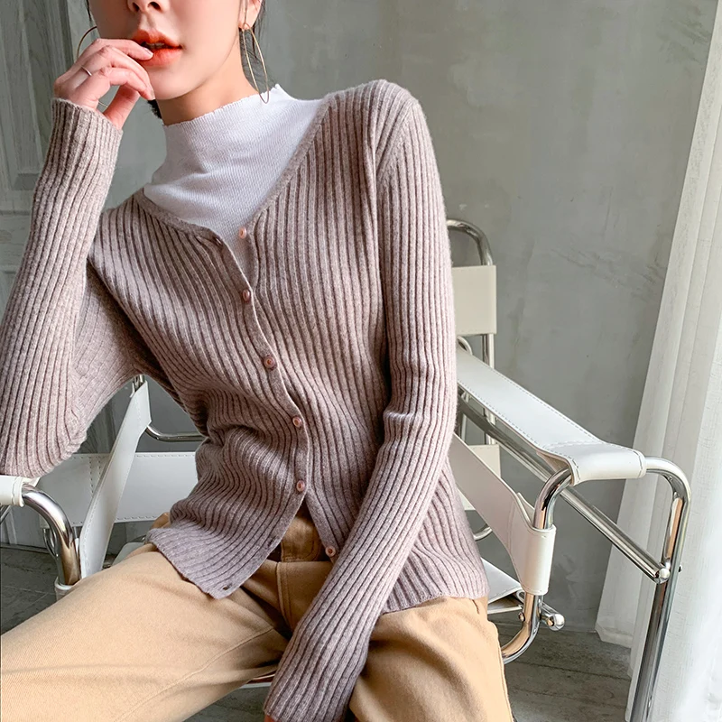 Женский кашемировый кардиган облегающая трикотажная рубашка с V-образным